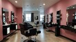© titik - Modern pink hair salon interior with stylish black chairs and stations.