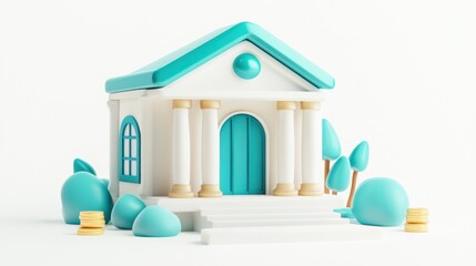 Leinwandbilder - A stylized, colorful building with columns, steps, and decorative trees, symbolizing a bank.