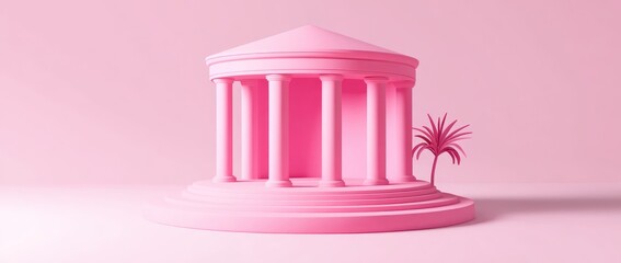 Poster - A stylized pink building with columns and a palm tree against a soft pink background.