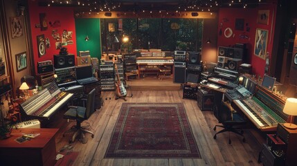 Poster - A cozy music studio filled with equipment, instruments, and a warm, inviting atmosphere.