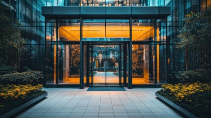 Leinwandbilder - Modern glass entrance with vibrant lighting and greenery.