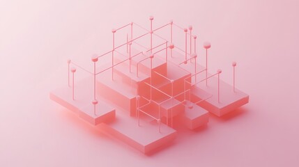 Aufkleber - Abstract geometric structure with interconnected forms and a soft pink gradient background.