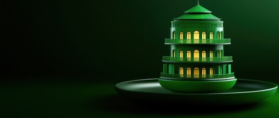 Poster - A green, layered structure with glowing windows on a circular plate against a dark background.
