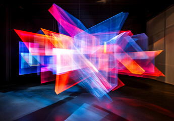 Wall Mural - A vibrant light beam with multiple colors of red, blue, and purple against a black background.