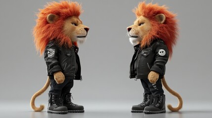 Poster - Two stylized lion characters in leather jackets facing each other.