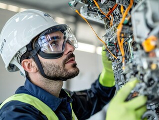 Wall Mural - aircraft technician mechanical engineering concept. A technician inspects machinery, wearing safety gear in a modern industrial setting.