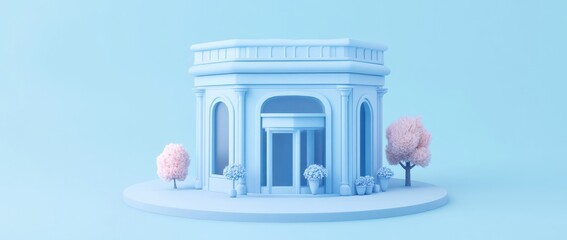 Leinwandbilder - A pastel blue architectural structure with trees, evoking a serene and whimsical atmosphere.