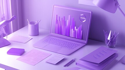 Poster - A purple-themed workspace featuring a laptop with data visualizations and stationery.