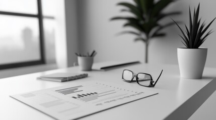 Aufkleber - A monochrome office scene featuring documents, glasses, and plants, suggesting productivity.
