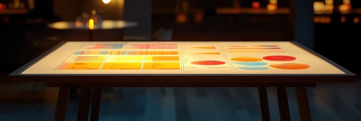 Poster - A brightly lit table displaying colorful charts and graphs for analysis or presentation.