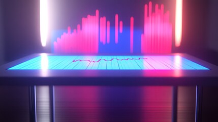 Fototapete - A glowing table displaying a colorful sound wave graphic.