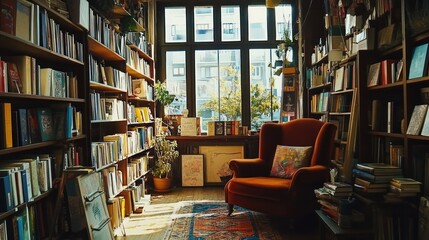 Aufkleber - Cozy reading nook in a library with bookshelves and an inviting armchair.