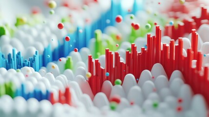 Fototapete - Abstract representation of data visualization with colorful peaks and floating particles.
