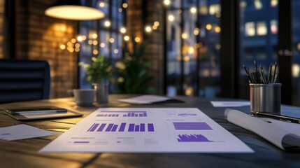 Poster - A modern workspace with reports, a plant, and a cozy ambiance.