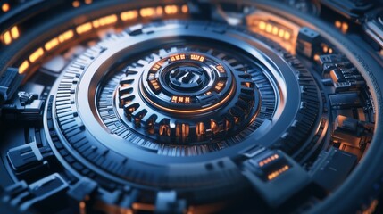 Poster - A futuristic, intricate mechanical design with glowing elements and circular patterns.