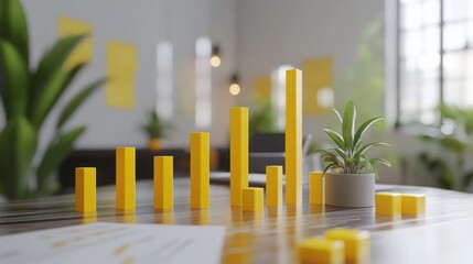 Poster - A modern workspace featuring yellow bar graphs and a potted plant.