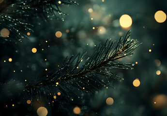 Wall Mural - Christmas tree, macro photography, bokeh, blurred background, dark green pine branches with small golden lights