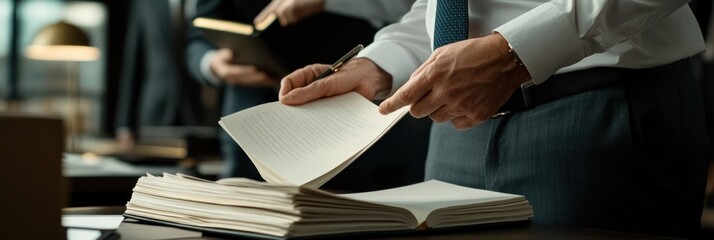 Aufkleber - A person examining documents in a professional setting, indicating research or preparation.