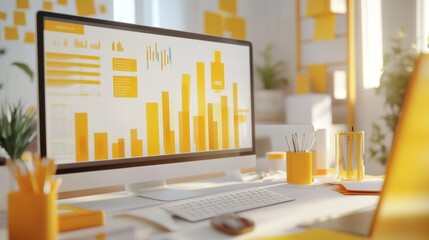 Poster - A bright workspace featuring a computer displaying data visualizations in yellow tones.