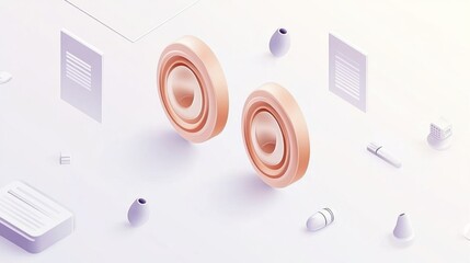 Fototapete - Abstract illustration of speakers surrounded by minimalist objects and documents.