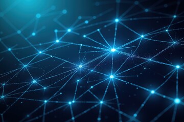 Wall Mural - futuristic digital network with glowing blue nodes and connecting lines in a dark space.
