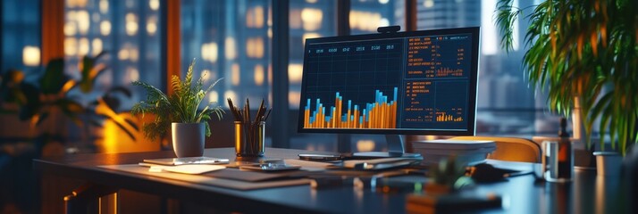 Aufkleber - A modern workspace featuring a computer displaying data analysis in a cityscape setting.