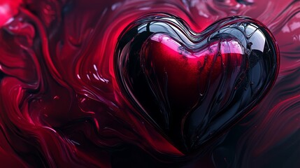 Wall Mural - Glossy red and black heart on swirling background.