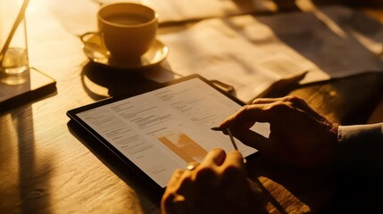 Aufkleber - A person using a tablet to analyze data, with a coffee cup in the background.