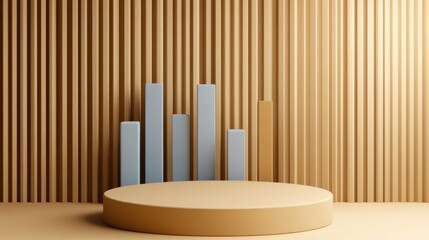 Poster - A minimalist presentation scene with bar graphs on a circular podium against textured walls.