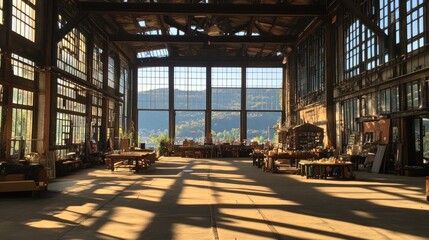 Aufkleber - A spacious industrial interior with large windows, showcasing a creative workspace.