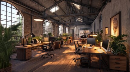 Aufkleber - A spacious, modern office with wooden desks, plants, and large windows for a creative workspace.