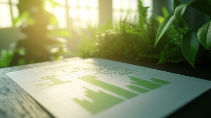 Poster - A close-up of a document with green graphs on a wooden table, surrounded by plants.