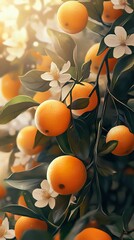 Wall Mural - Sunlit Oranges and Blossoms: A Vibrant Garden Scene