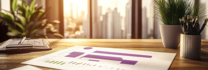 Aufkleber - A workspace with charts and a plant, suggesting business analysis and productivity.