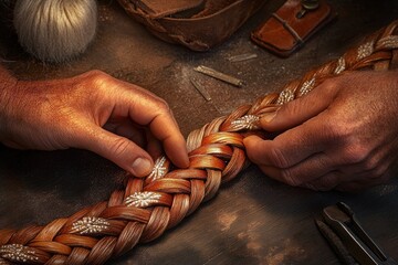 Aufkleber - Hands intricately braiding a decorative piece with silver accents, showcasing craftsmanship.