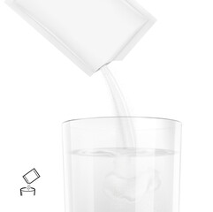 Sachet packaging pouring powder product in clear glass with liquid. Vector illustration isolated on a white background. Ready for use in presentation, promo, advertising and more. EPS10.
