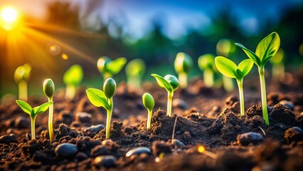 Wall Mural - Lush Green Shoots Emerging from Bean Sprouts in Moist Soil, Capturing Nature’s Growth with Rule of Thirds Composition for Stunning Visual Appeal