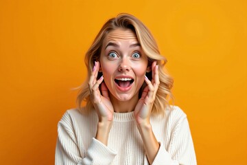 beautiful young woman in white sweater reacting with amazement and joy on vibrant orange backdrop