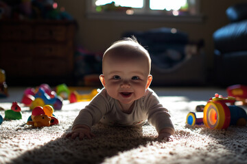 Smiling Baby Crawling on Carpet in a Sunlit Room with Colorful Toys