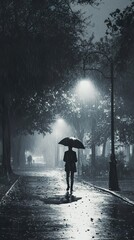 Canvas Print - Solitary Stroll Under Rainy Night Sky