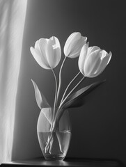 Wall Mural - three white tulips in a clear vase. the vase is on a table. the flowers are in the center of the vas
