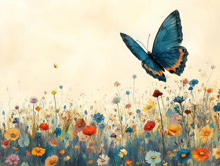 Wall Mural - A serene scene featuring a vibrant butterfly among colorful wildflowers in a tranquil setting.