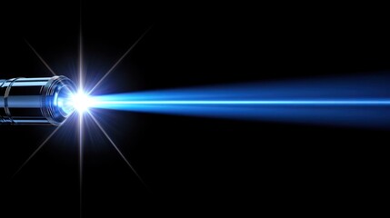 a close-up of a metallic flashlight shining a bright blue beam in the dark