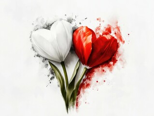 Wall Mural - two beautiful red and white tulips are arranged in the shape of a heart. the red tulips are position