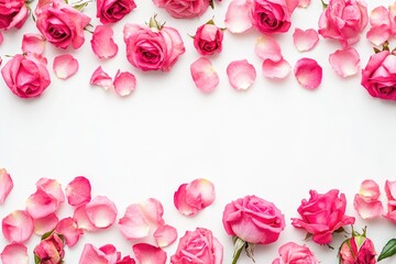Wall Mural - bouquet of pink roses with petals scattered around the edges of the image. the roses are arranged in