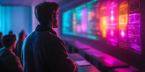 Aufkleber - A person observes colorful data displays in a futuristic tech environment.