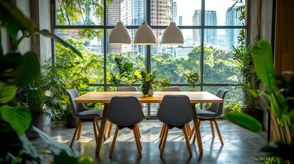 Wall Mural - Modern dining area with a view, surrounded by greenery and natural light.