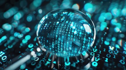 Magnifying glass is on top of a computer screen with a lot of numbers. The numbers are in different sizes and colors, and they are all over the screen. Concept of looking closely at something