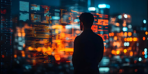 Aufkleber - A person gazes at a digital display of data against a cityscape backdrop.