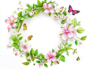 Wall Mural - flowery border with pink flowers and butterflies. concept of freedom and joy, as the butterflies are
